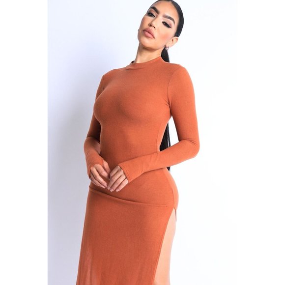Women's Hacci Mock Neck Long Sleeves Double Slits Maxi Dress Rust S M L - Picture 5 of 7